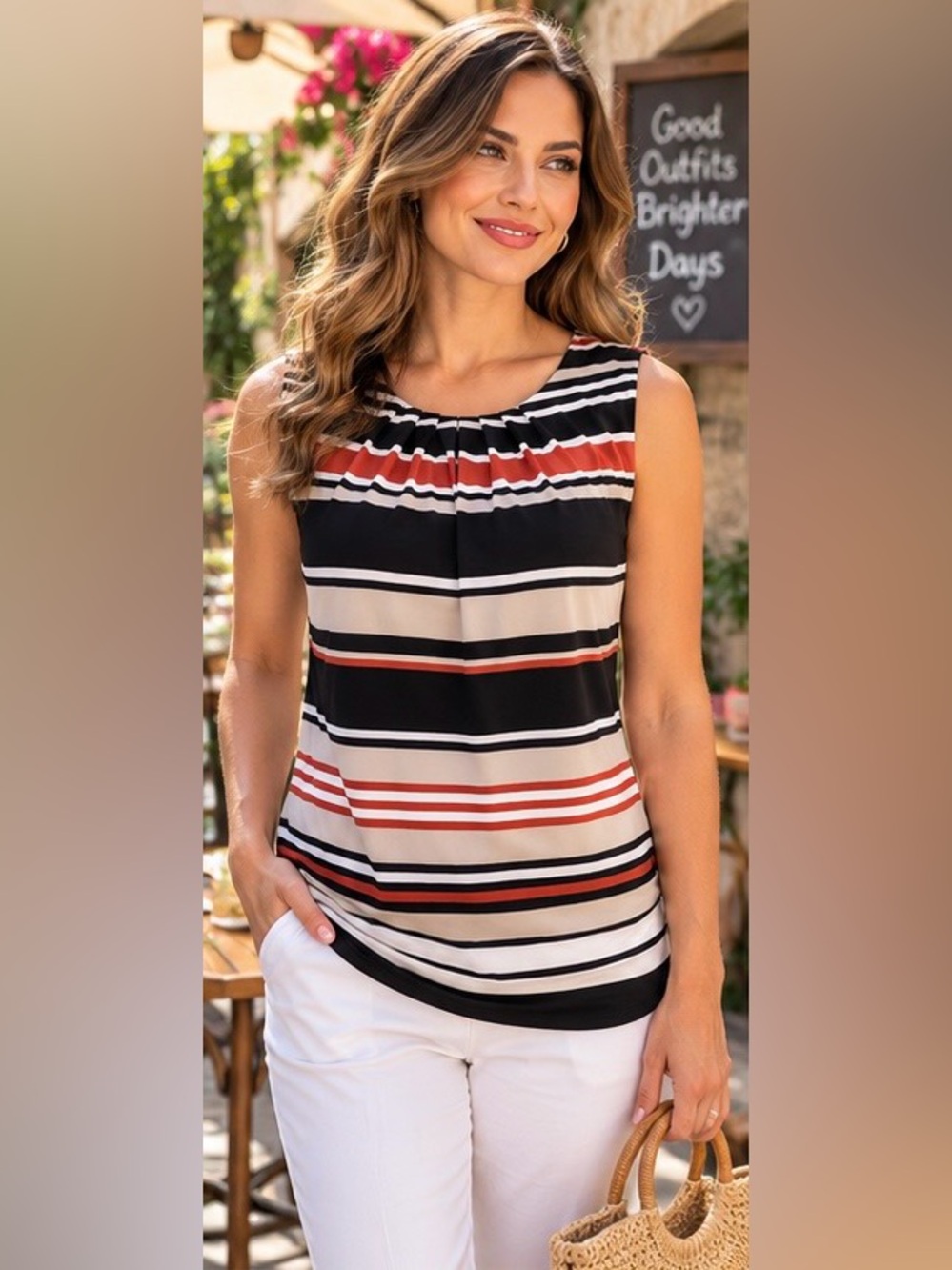 Calvin Klein NWT Striped Sleeveless Blouse Black Cream Rust Size L